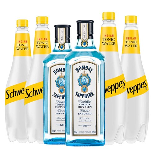 Case of 6 with Bombay Sapphire Gin 70cl and Schweppes Tonic Packed Together
